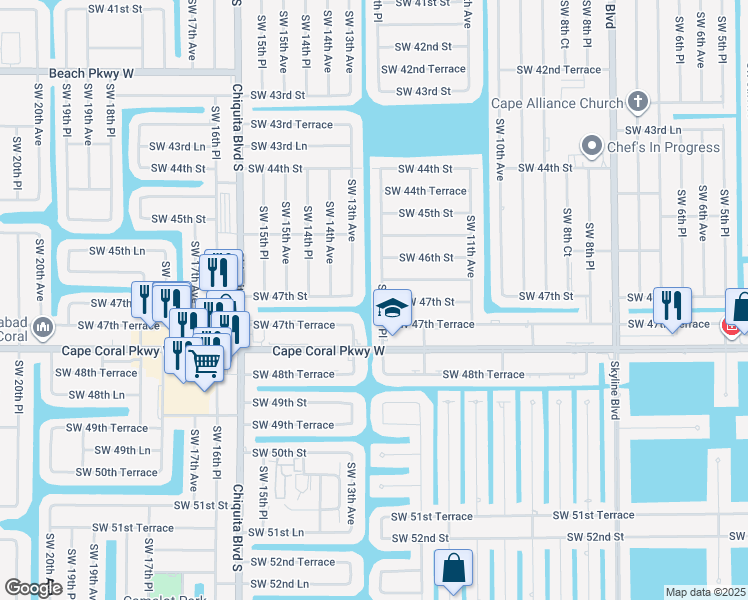 map of restaurants, bars, coffee shops, grocery stores, and more near 4634 Southwest 12th Place in Cape Coral