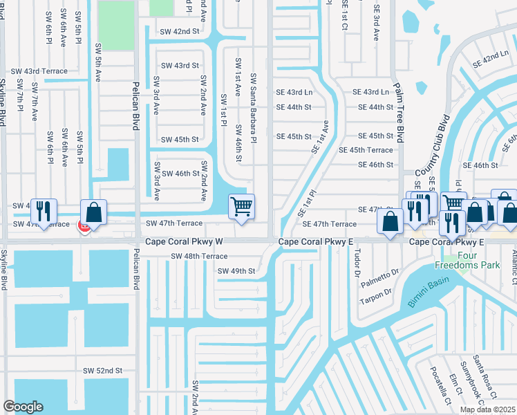 map of restaurants, bars, coffee shops, grocery stores, and more near 4631 Southwest Santa Barbara Place in Cape Coral