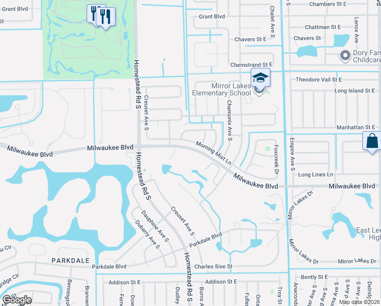 map of restaurants, bars, coffee shops, grocery stores, and more near Business Way in Lehigh Acres