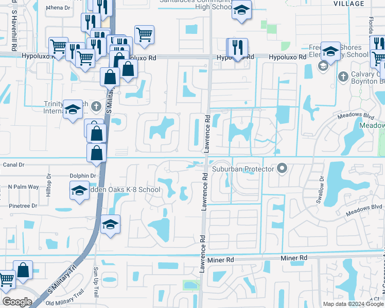 map of restaurants, bars, coffee shops, grocery stores, and more near 1007 Grove Park Circle in Boynton Beach