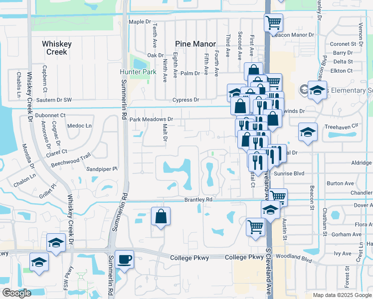 map of restaurants, bars, coffee shops, grocery stores, and more near 7350 Park Meadows Drive in Fort Myers