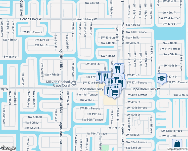 map of restaurants, bars, coffee shops, grocery stores, and more near 1811 Southwest 47th Street in Cape Coral