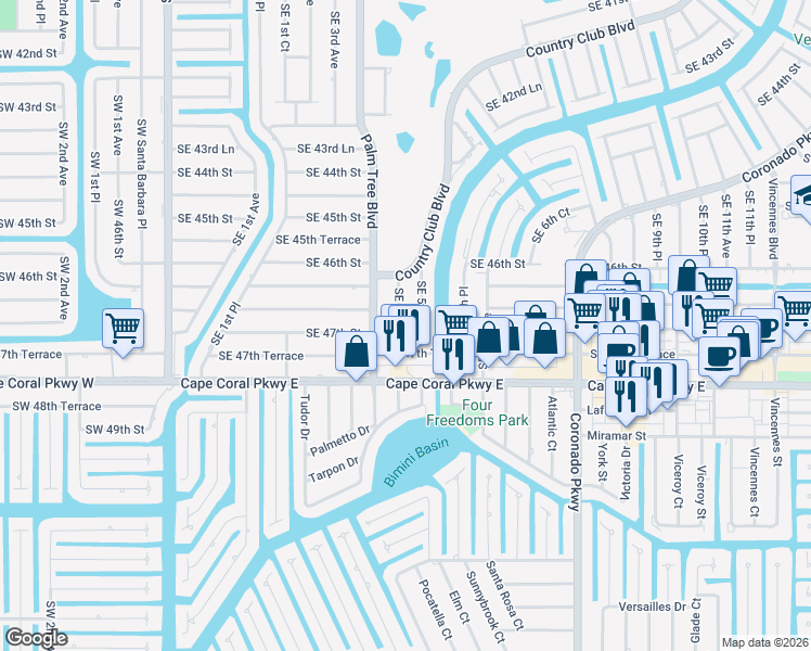 map of restaurants, bars, coffee shops, grocery stores, and more near 4692 Southeast 5th Avenue in Cape Coral