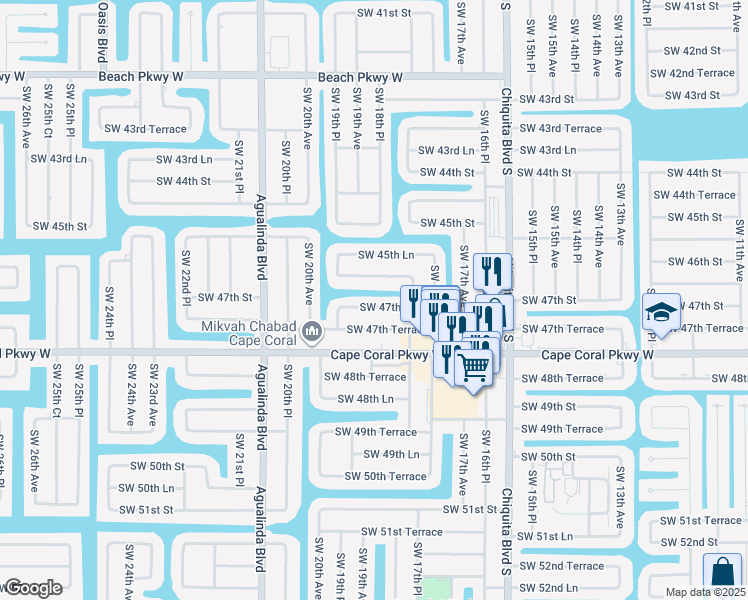 map of restaurants, bars, coffee shops, grocery stores, and more near 1823 Southwest 47th Street in Cape Coral