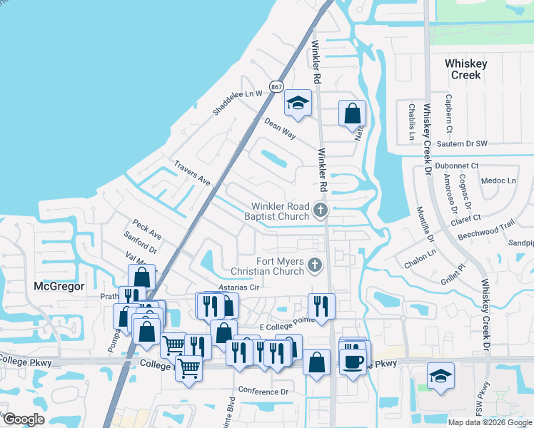 map of restaurants, bars, coffee shops, grocery stores, and more near 878 North Entrada Drive in Fort Myers