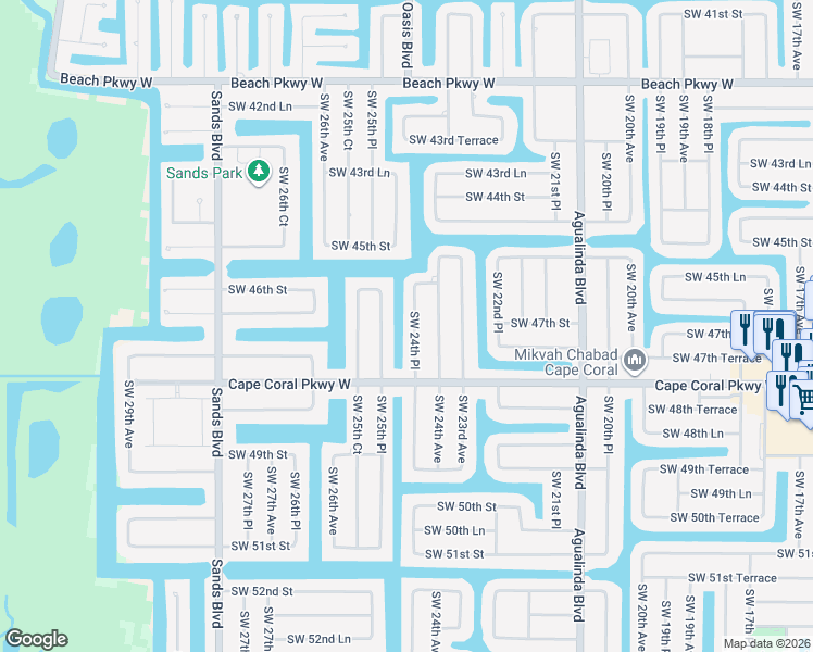 map of restaurants, bars, coffee shops, grocery stores, and more near 4702 Southwest 24th Place in Cape Coral