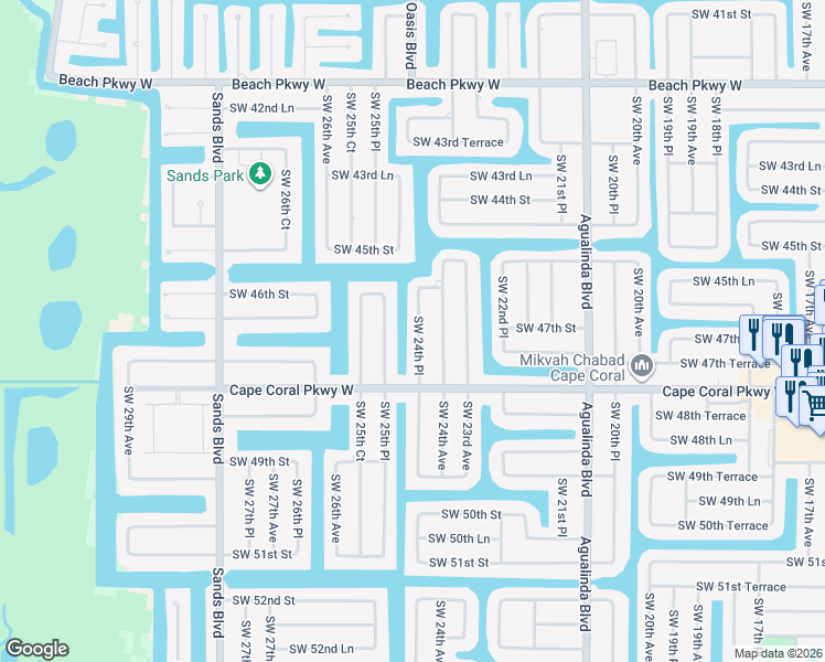 map of restaurants, bars, coffee shops, grocery stores, and more near 4702 Southwest 24th Place in Cape Coral
