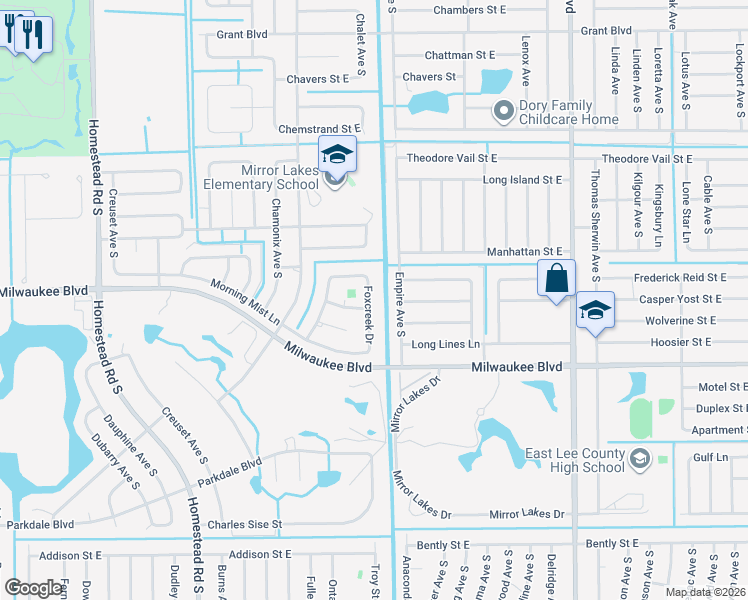 map of restaurants, bars, coffee shops, grocery stores, and more near 547 Foxcreek Drive in Lehigh Acres