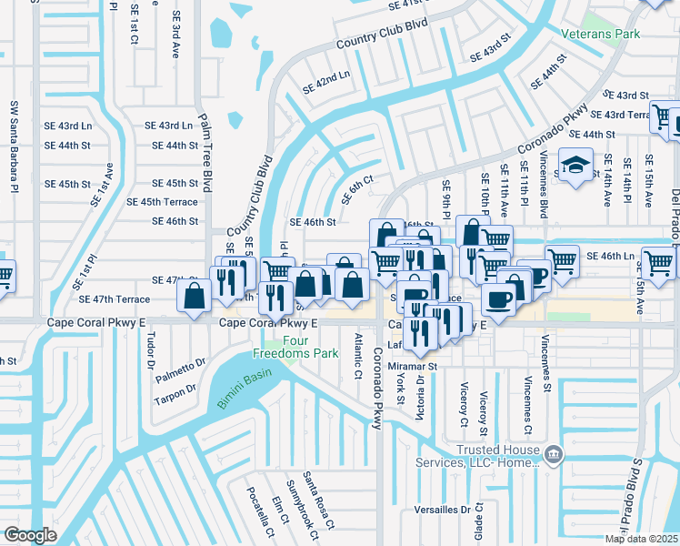 map of restaurants, bars, coffee shops, grocery stores, and more near 622 Southeast 46th Lane in Cape Coral