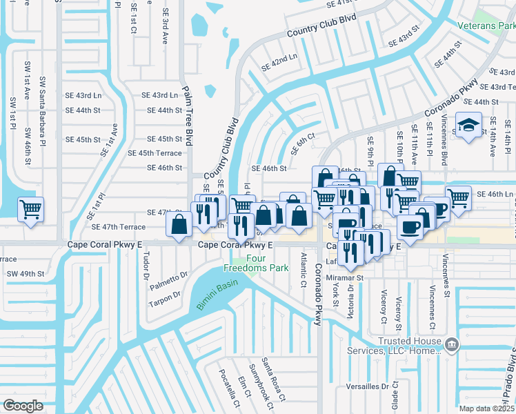 map of restaurants, bars, coffee shops, grocery stores, and more near 602 Southeast 46th Lane in Cape Coral