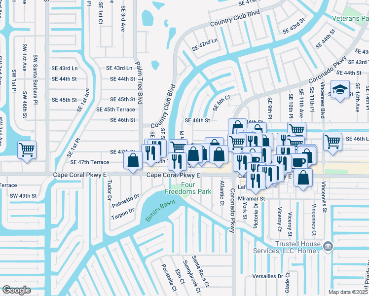 map of restaurants, bars, coffee shops, grocery stores, and more near 602 Southeast 46th Lane in Cape Coral