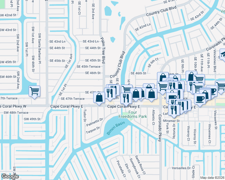map of restaurants, bars, coffee shops, grocery stores, and more near 4692 Southeast 5th Avenue in Cape Coral
