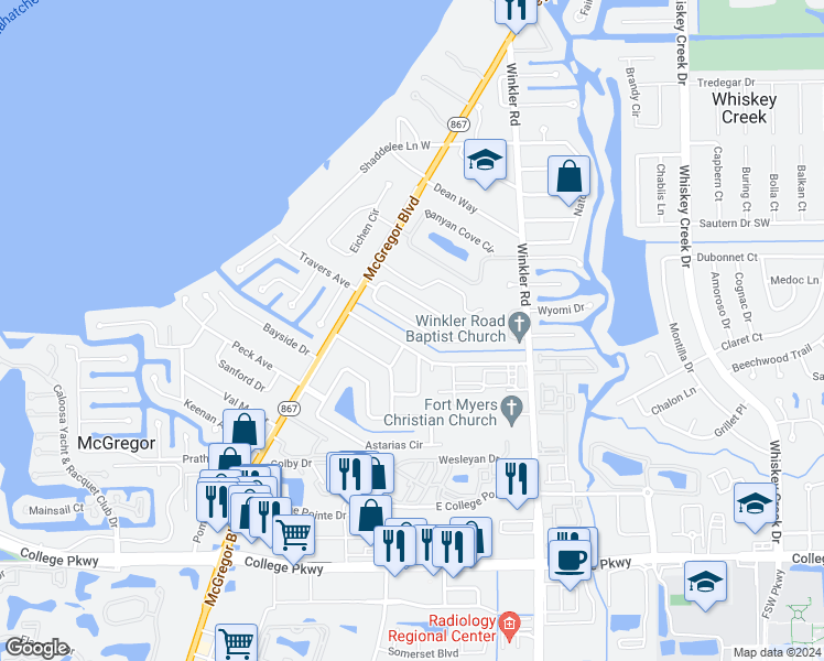 map of restaurants, bars, coffee shops, grocery stores, and more near 838 Entrada Drive in Fort Myers