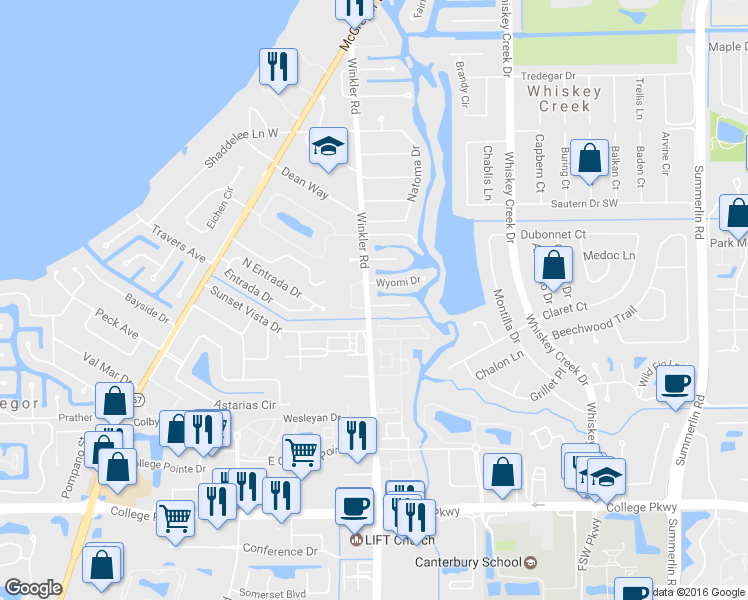 map of restaurants, bars, coffee shops, grocery stores, and more near 1001 Averly Street in Fort Myers