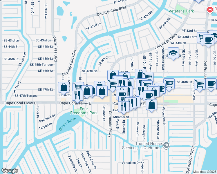 map of restaurants, bars, coffee shops, grocery stores, and more near 4642 Coronado Parkway in Cape Coral