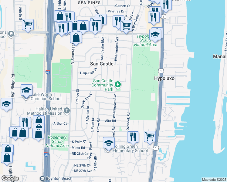 map of restaurants, bars, coffee shops, grocery stores, and more near 1179 Mentone Road in Lantana