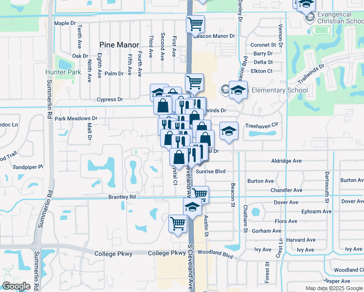 map of restaurants, bars, coffee shops, grocery stores, and more near 12148 South Cleveland Avenue in Fort Myers