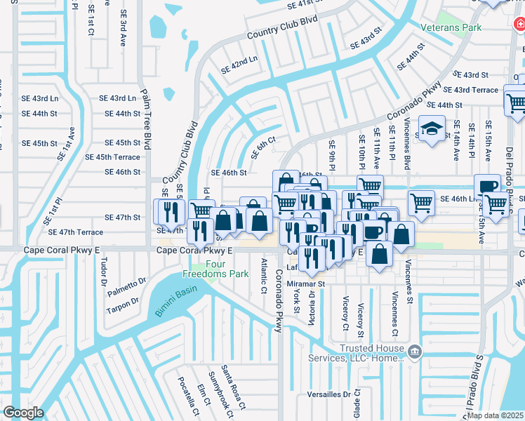 map of restaurants, bars, coffee shops, grocery stores, and more near 4632 Coronado Parkway in Cape Coral