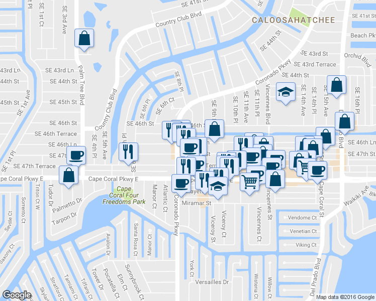 map of restaurants, bars, coffee shops, grocery stores, and more near 815 Southeast 47th Street in Cape Coral