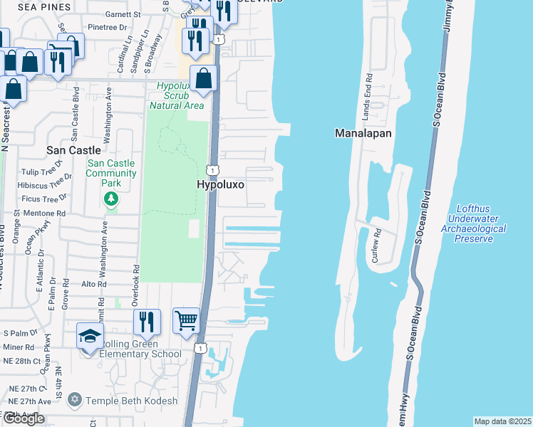 map of restaurants, bars, coffee shops, grocery stores, and more near 158 Lucina Drive in Hypoluxo