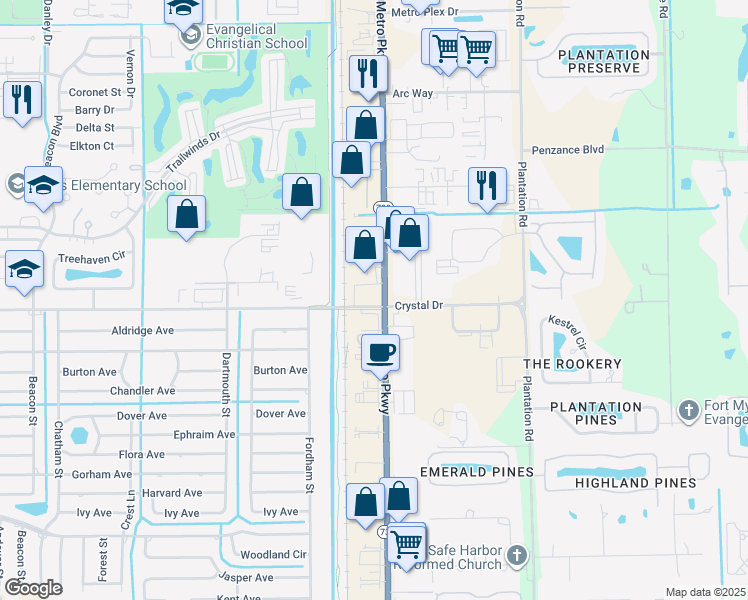 map of restaurants, bars, coffee shops, grocery stores, and more near 12210 Metro Parkway in Fort Myers