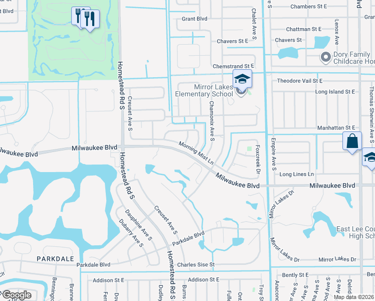 map of restaurants, bars, coffee shops, grocery stores, and more near 598 Morning Mist Lane in Lehigh Acres