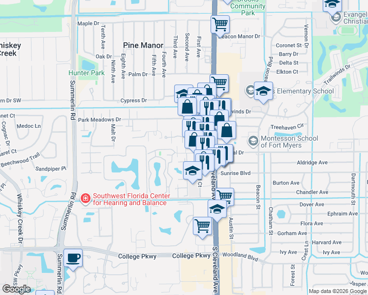 map of restaurants, bars, coffee shops, grocery stores, and more near 7123 Penner Lane in Fort Myers