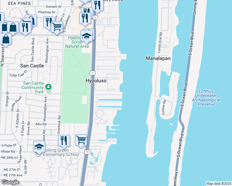 map of restaurants, bars, coffee shops, grocery stores, and more near 158 Lucina Drive in Hypoluxo
