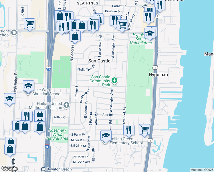 map of restaurants, bars, coffee shops, grocery stores, and more near 1179 Mentone Road in Lantana