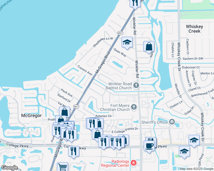 map of restaurants, bars, coffee shops, grocery stores, and more near 796 North Entrada Drive in Fort Myers