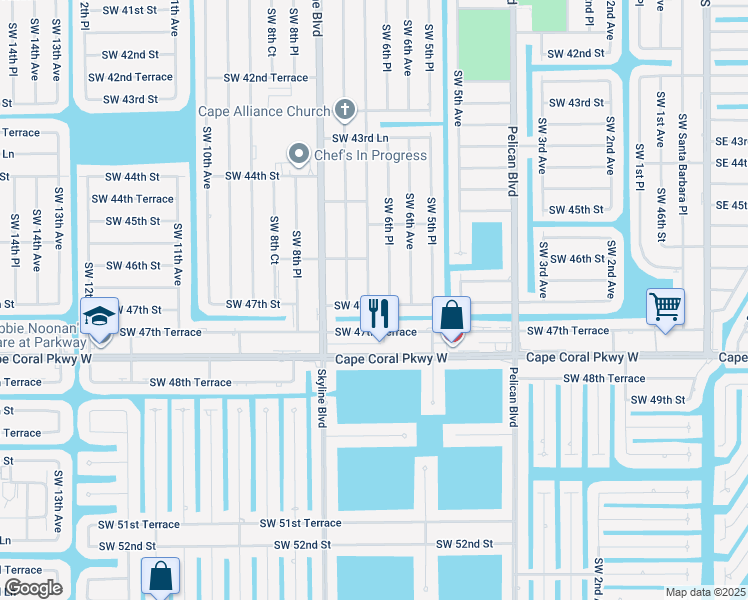 map of restaurants, bars, coffee shops, grocery stores, and more near 4627 Southwest 7th Avenue in Cape Coral