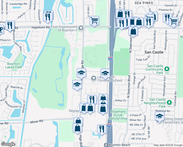 map of restaurants, bars, coffee shops, grocery stores, and more near 1906 Tom A Toe Road in Boynton Beach