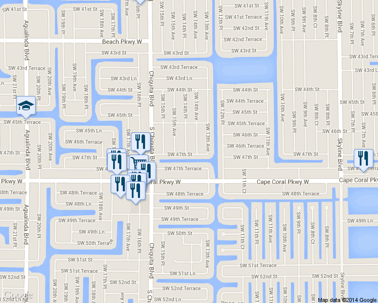 map of restaurants, bars, coffee shops, grocery stores, and more near 4627 SW 14th Pl in Cape Coral