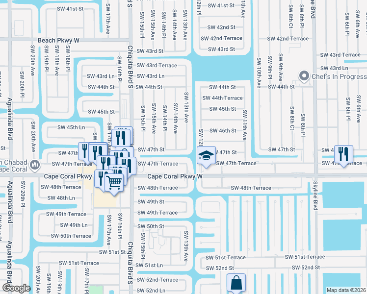 map of restaurants, bars, coffee shops, grocery stores, and more near 4628 Southwest 13th Avenue in Cape Coral