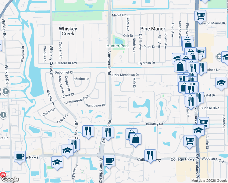 map of restaurants, bars, coffee shops, grocery stores, and more near 12330 Woodrose Court in Fort Myers
