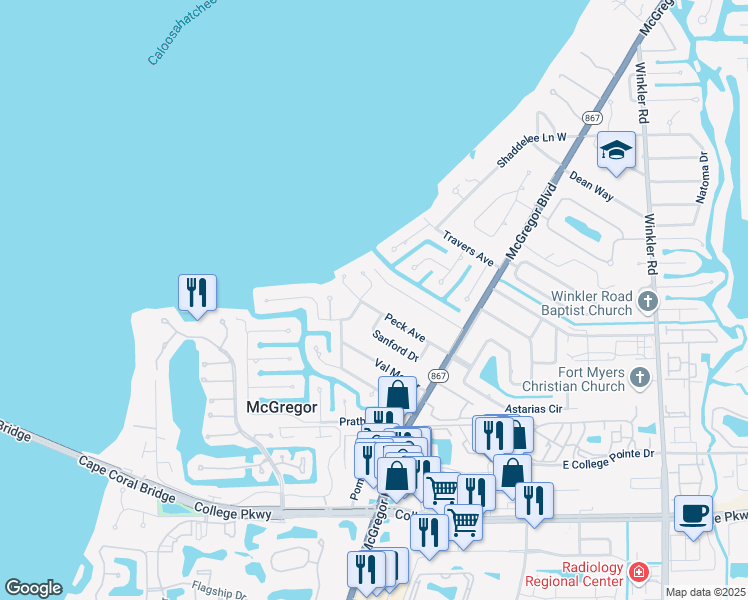 map of restaurants, bars, coffee shops, grocery stores, and more near 541 Peck Avenue in Fort Myers