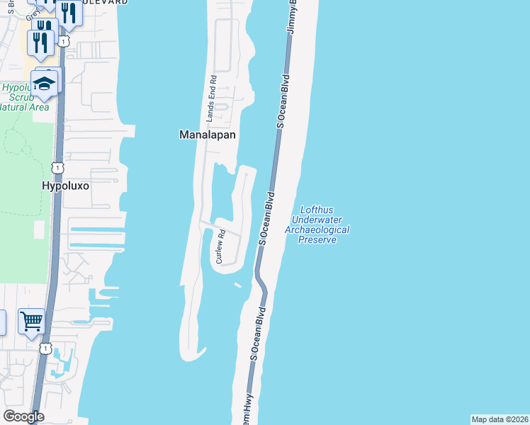 map of restaurants, bars, coffee shops, grocery stores, and more near 1370 S Ocean Blvd in Manalapan