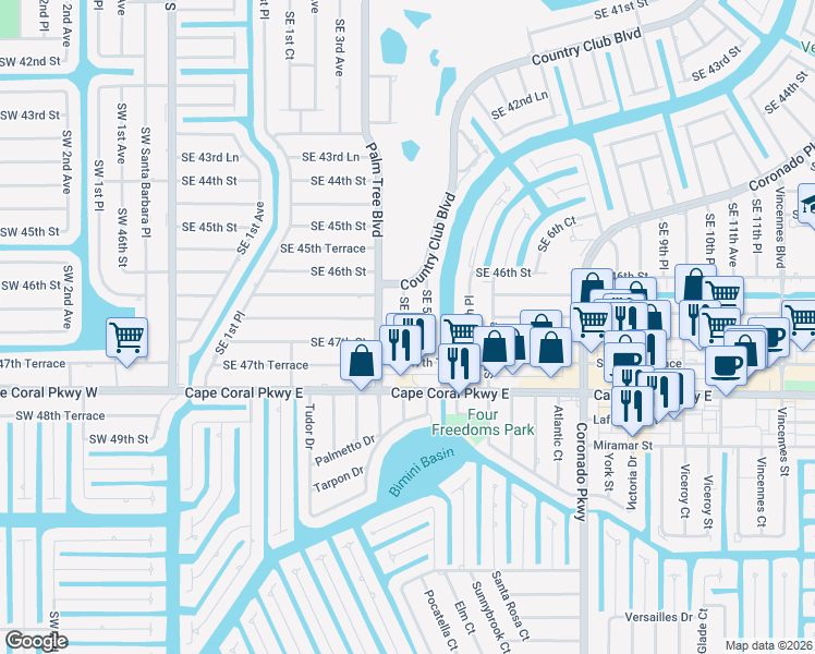 map of restaurants, bars, coffee shops, grocery stores, and more near 4692 Southeast 5th Avenue in Cape Coral