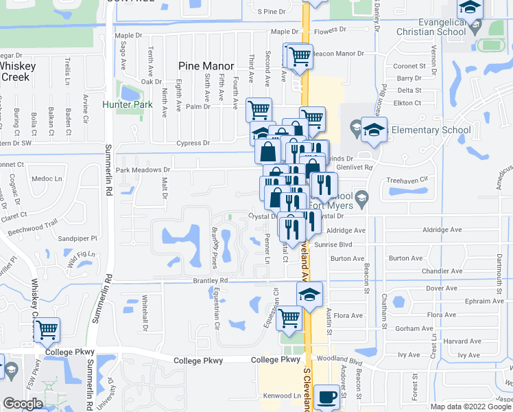 map of restaurants, bars, coffee shops, grocery stores, and more near 7123 Penner Lane in Fort Myers