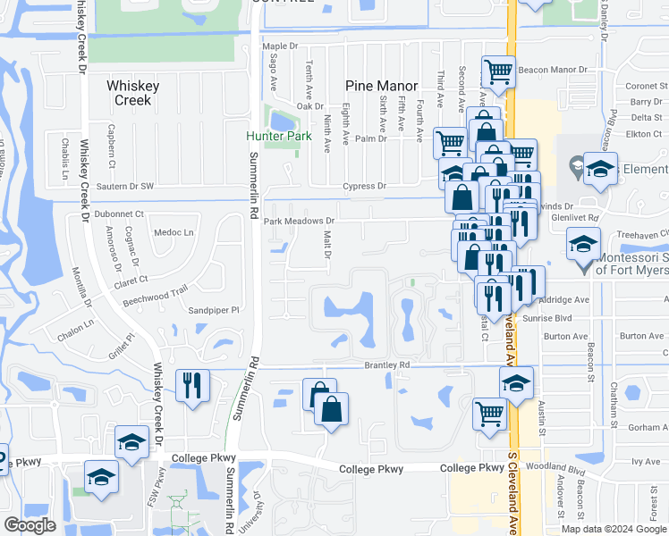 map of restaurants, bars, coffee shops, grocery stores, and more near 5604 Malt Drive in Fort Myers