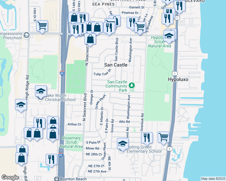 map of restaurants, bars, coffee shops, grocery stores, and more near 491 Mentone Rd in Lantana