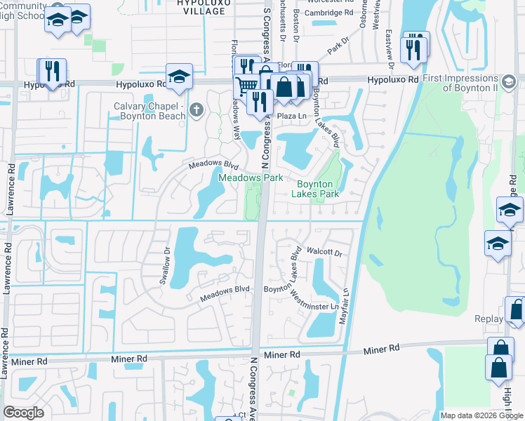 map of restaurants, bars, coffee shops, grocery stores, and more near 4611 Congress Avenue in Boynton Beach
