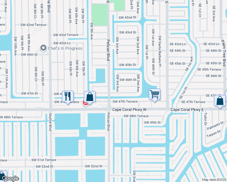 map of restaurants, bars, coffee shops, grocery stores, and more near 245 Southwest 47th Street in Cape Coral