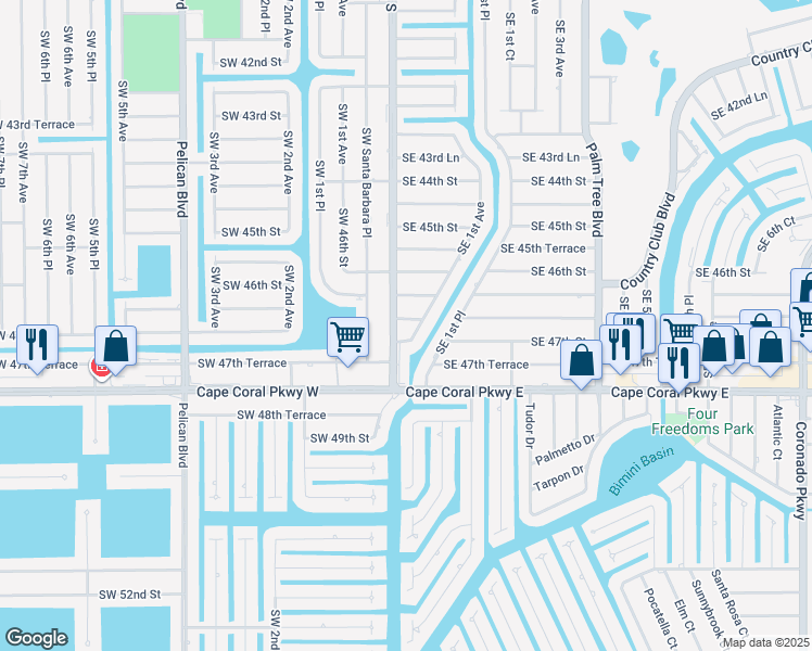 map of restaurants, bars, coffee shops, grocery stores, and more near 106 Southeast 46th Lane in Cape Coral