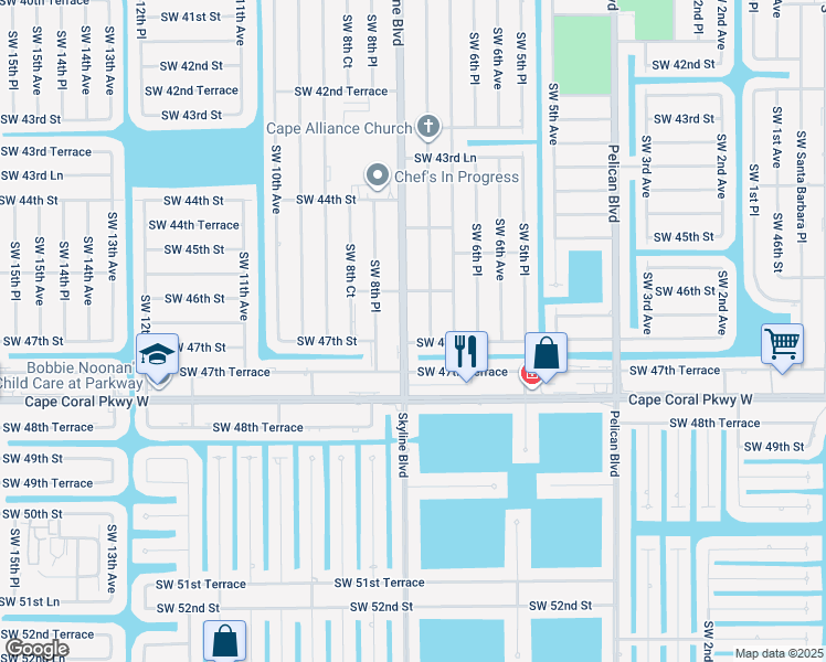 map of restaurants, bars, coffee shops, grocery stores, and more near 727 Southwest 47th Street in Cape Coral