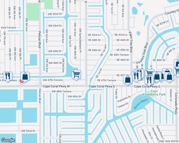 map of restaurants, bars, coffee shops, grocery stores, and more near 106 Southeast 46th Lane in Cape Coral
