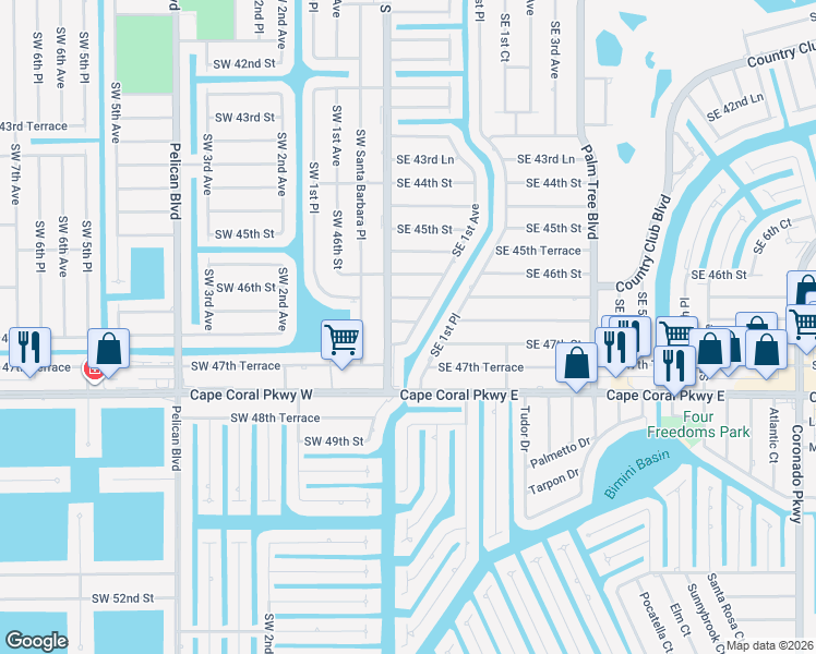 map of restaurants, bars, coffee shops, grocery stores, and more near 106 Southeast 46th Lane in Cape Coral