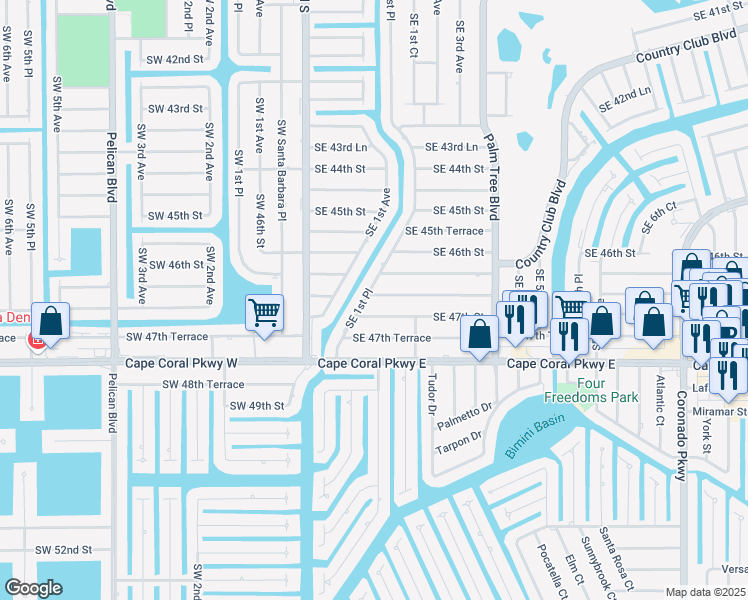 map of restaurants, bars, coffee shops, grocery stores, and more near 206 Southeast 46th Lane in Cape Coral