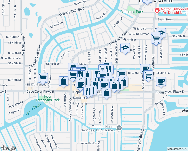map of restaurants, bars, coffee shops, grocery stores, and more near 4636 SE 9th Pl in Cape Coral