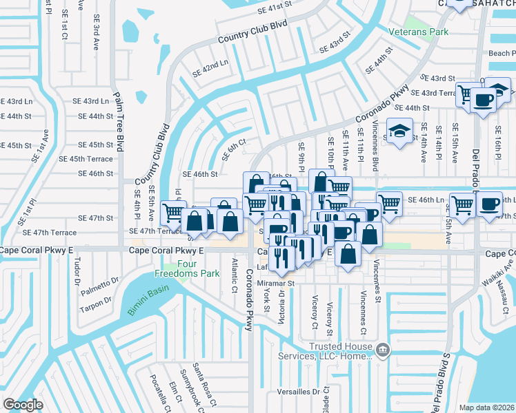 map of restaurants, bars, coffee shops, grocery stores, and more near 815 Southeast 47th Street in Cape Coral